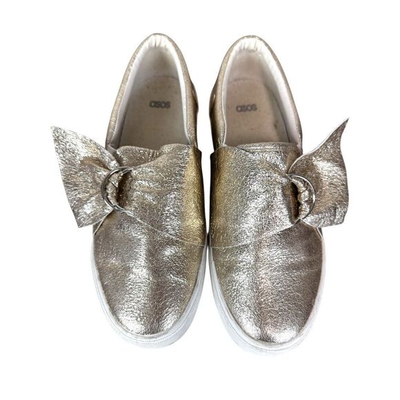 ASOS Metallic Gold Slip On Bow Platform Loafer Size 7 - Picture 1 of 11